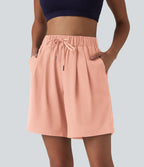 Short de yoga plissé taille haute avec ceinture élastique, cordon de serrage et poches 17,5 cm