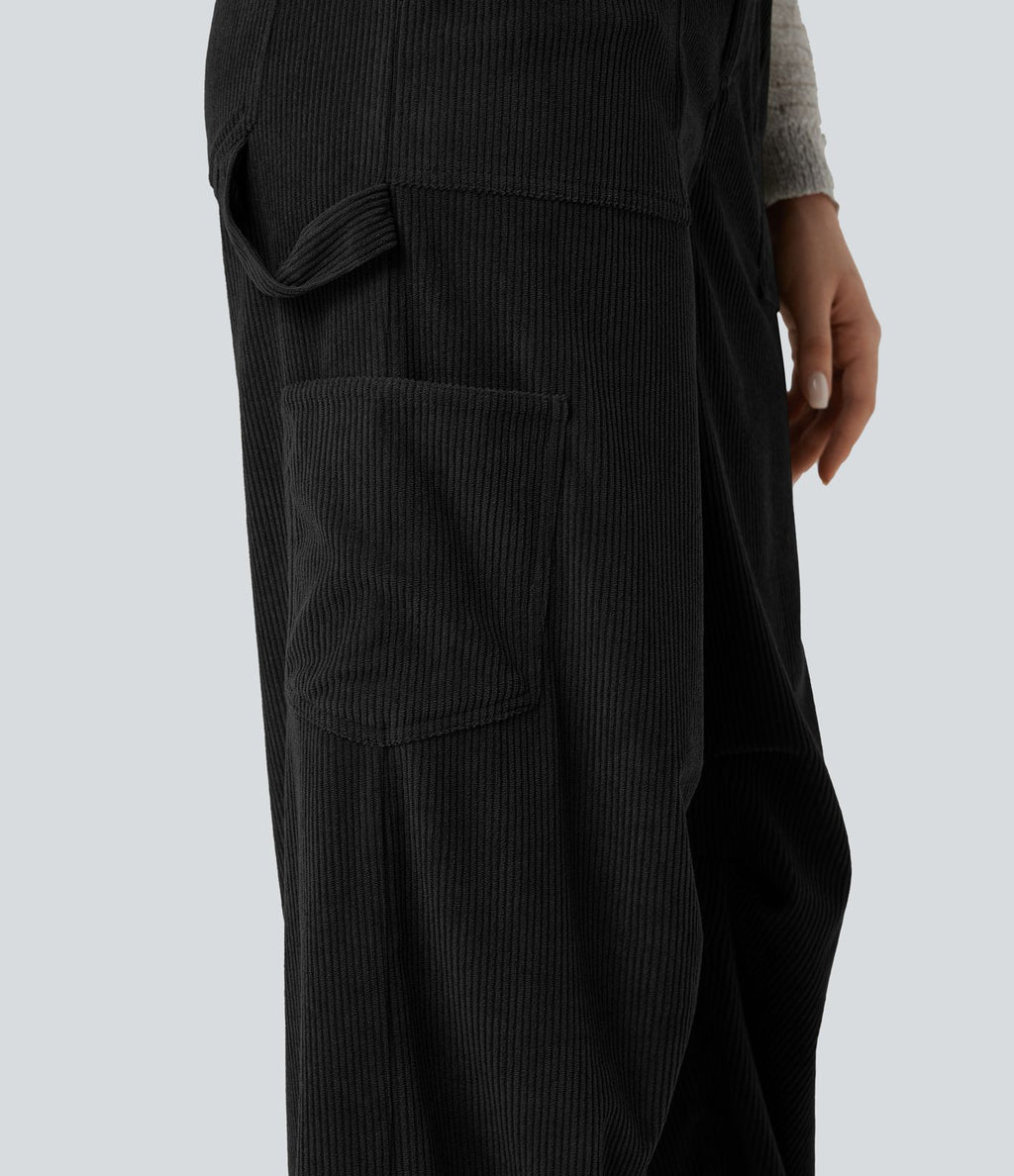 Pantalon décontracté droit en velours côtelé, taille haute, avec poches