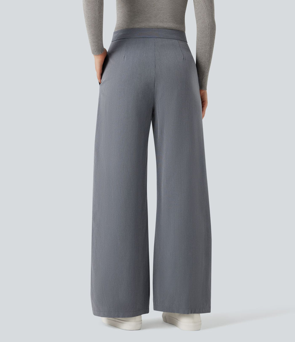 Pantalon tailleur rayé coupe droite taille haute avec poches