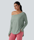Top de sport yoga une épaule séchage rapide ourlet arrondi asymétrique manches longues avec trous pouces - Brassière intégrée