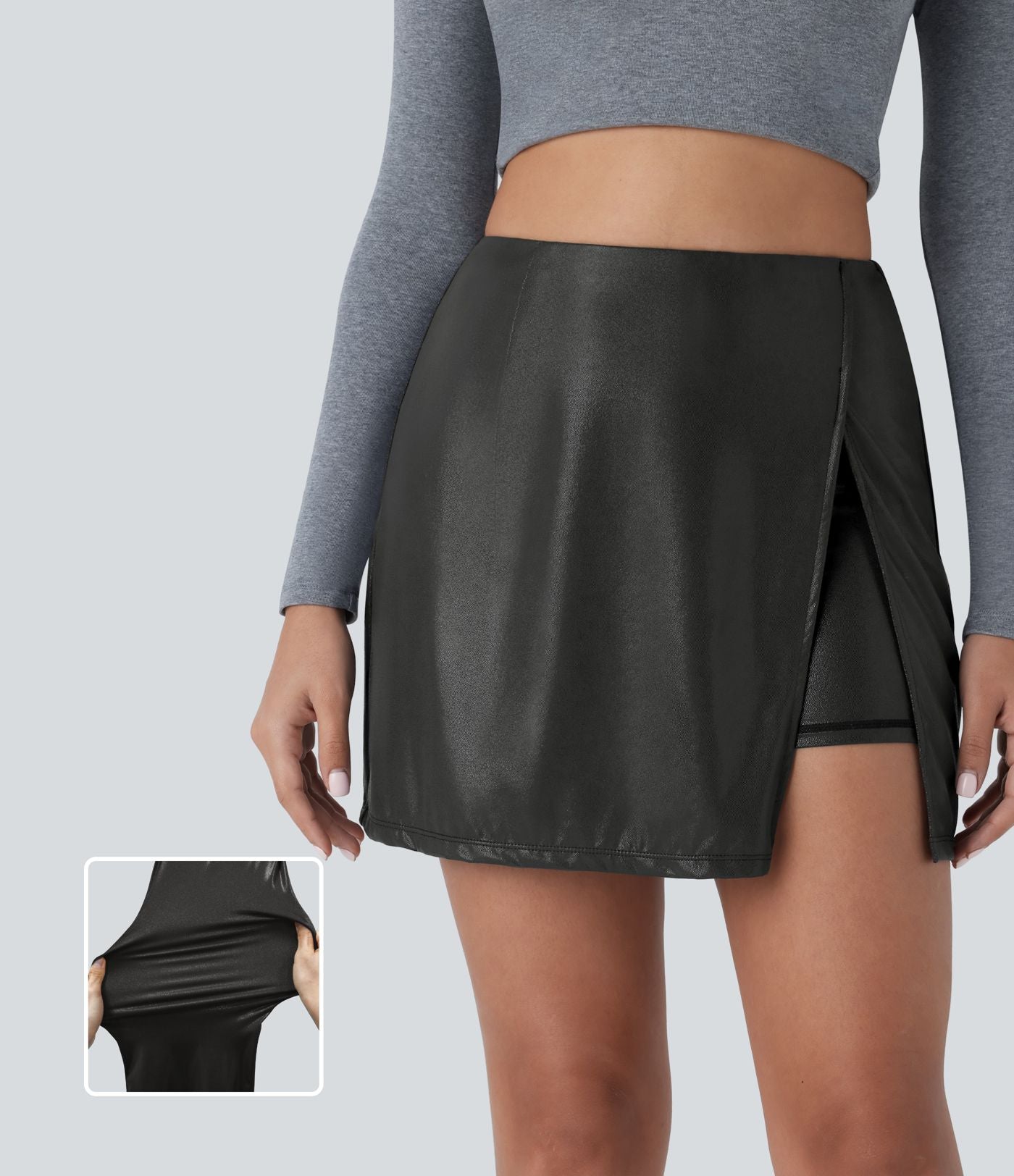 Softlyzero™ Jupe Soirée Mini à Effet Cuir Taille Haute Ourlet Fendu 2-en-1 Poche Côté Imprimé Métallisé Élastique Moulante