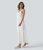 Robe mi-longue casual aspect lin col U avec nœud devant corset
