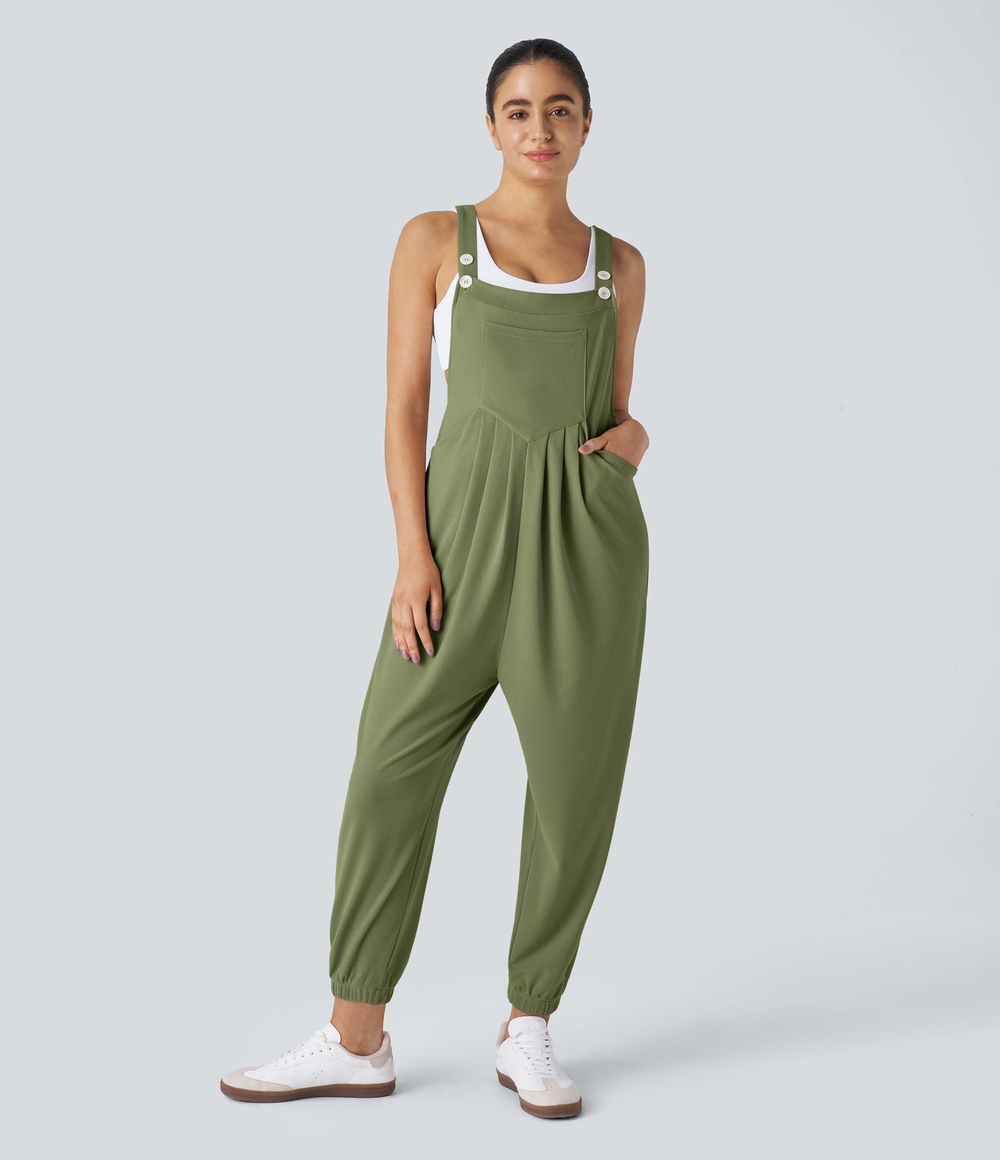 Salopette Casual Bretelles Ajustables Boutonnés Multiples Poches Plis et Tissu Gaufré