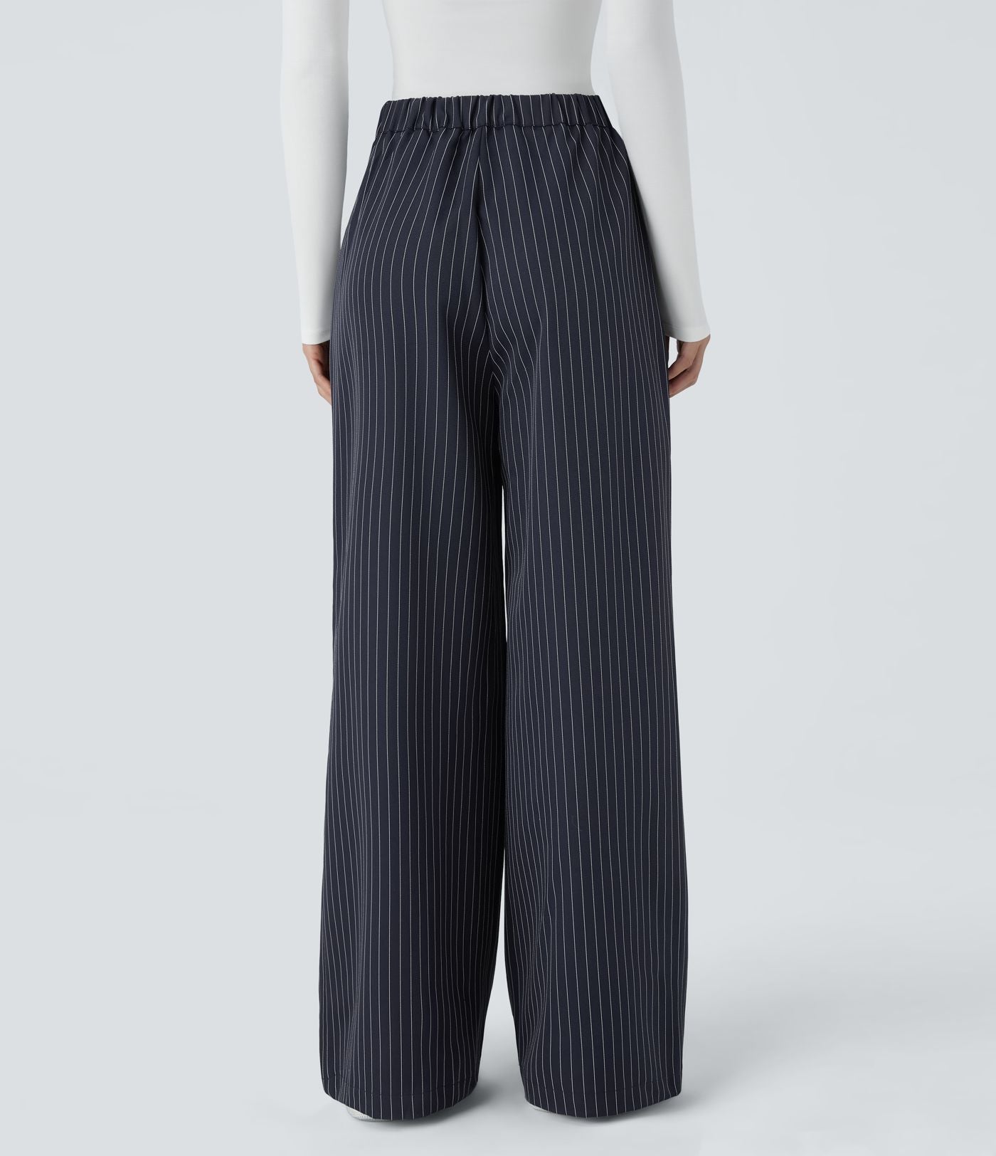 Pantalon Tailleur Large Fluide à Rayures, Taille Haute, Bouton et Fermeture Éclair, Poches Latérales