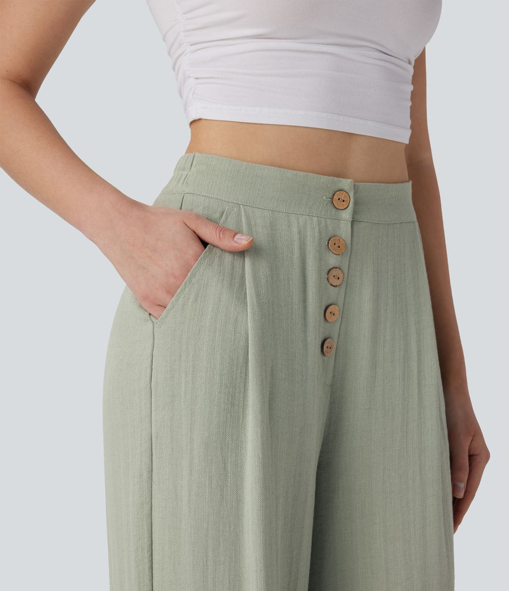 Pantalon large et fluide aspect lin taille haute, boutonné avec poches
