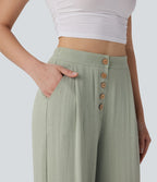 Pantalon large et fluide aspect lin taille haute, boutonné avec poches