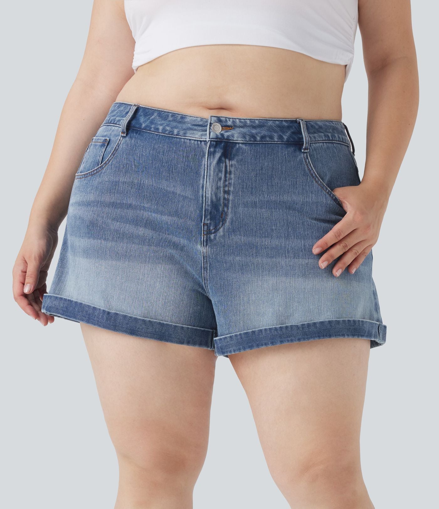 Short décontracté Halara Flex™ grande taille taille mi-haute bouton fermeture éclair en denim maille extensible multiples poches 7,5 cm