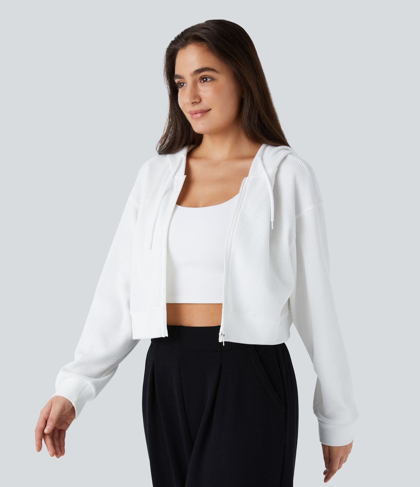 Sweatshirt en Coton Casual à Manches Longues avec Cordon de Serrage et Zipper Style Waffle