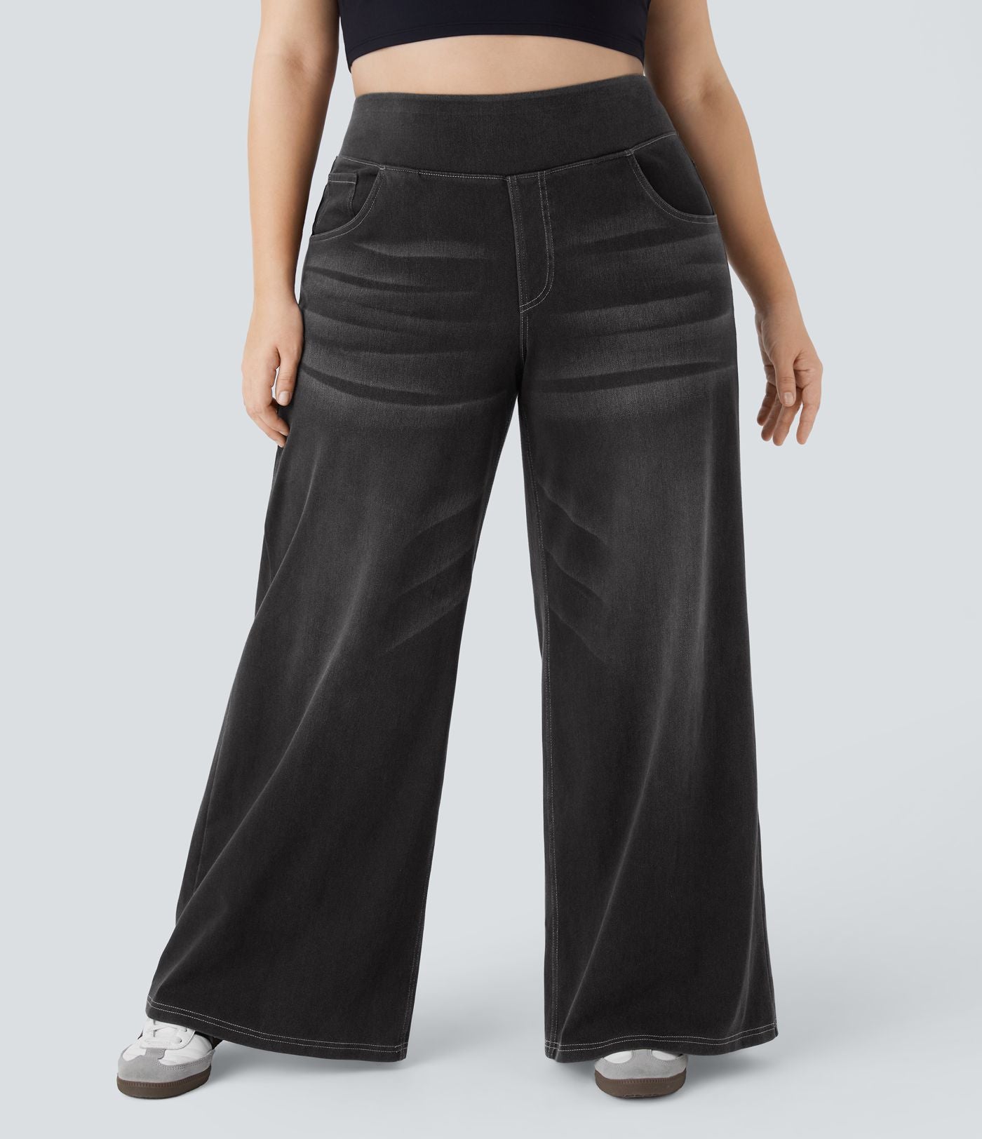 Halara Flex™ Jeans Larges Casual Taille Haute Multiples Poches Lavés Élastiques et Tricotés Grande Taille