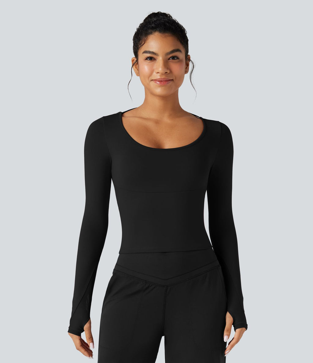 Top de sport yoga col échancré dos nu manches longues avec trous pouces