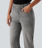 Jean droit Halara Flex™ à taille haute, poches multiples, effet délavé et tissu extensible
