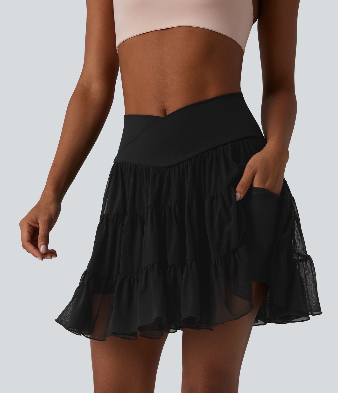 Jupe mini de tennis 2 en 1 croisée évasée taille haute avec poches - longueur allongée