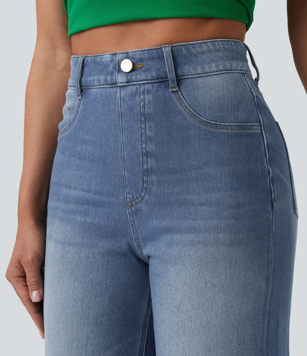 Jean large 7/8 décontracté Halara Flex™ délavé gainant taille haute ourlet roulotté avec poches
