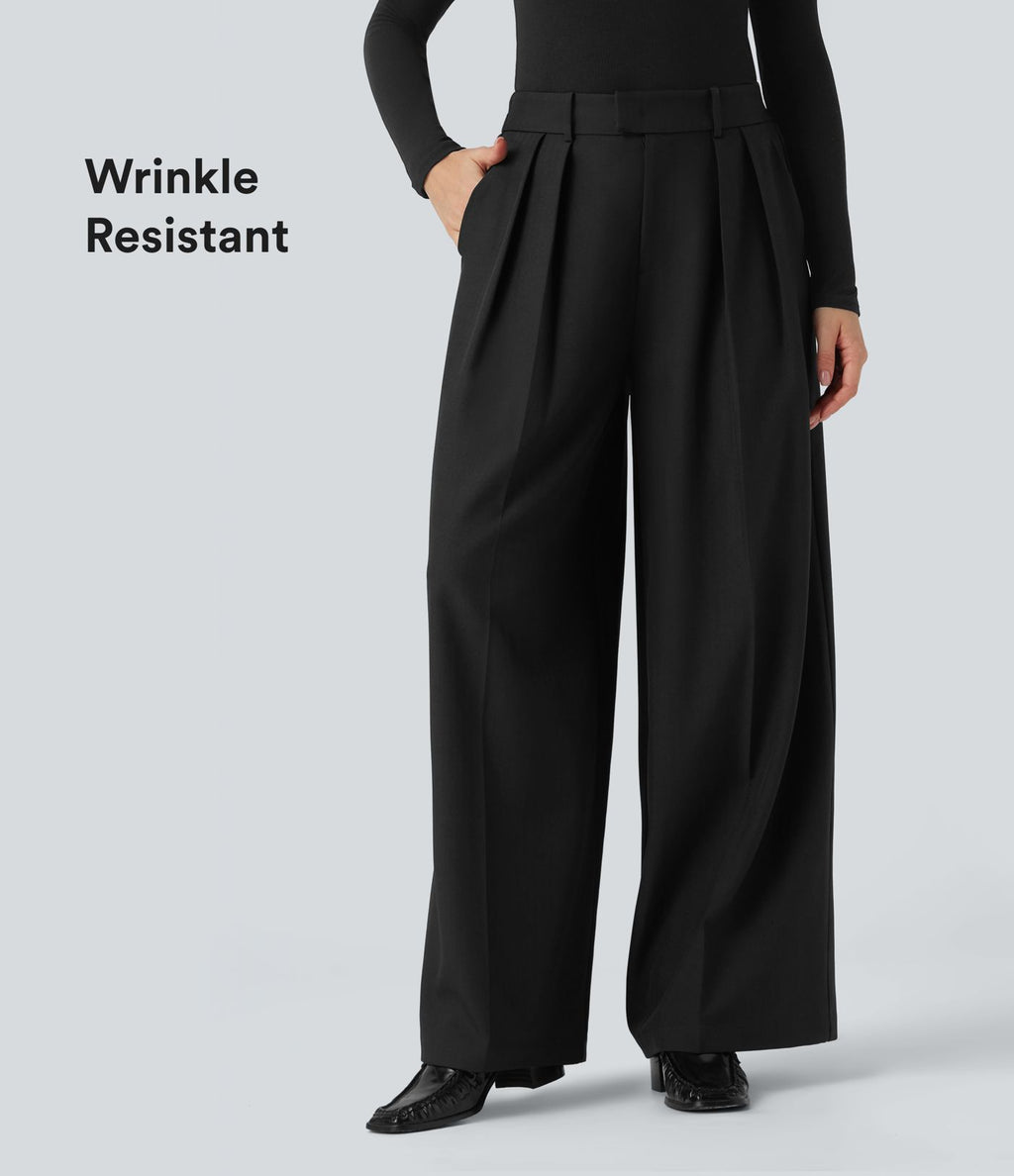 Pantalon tailleur anti-froissement aspect lin taille haute jambe large avec poches