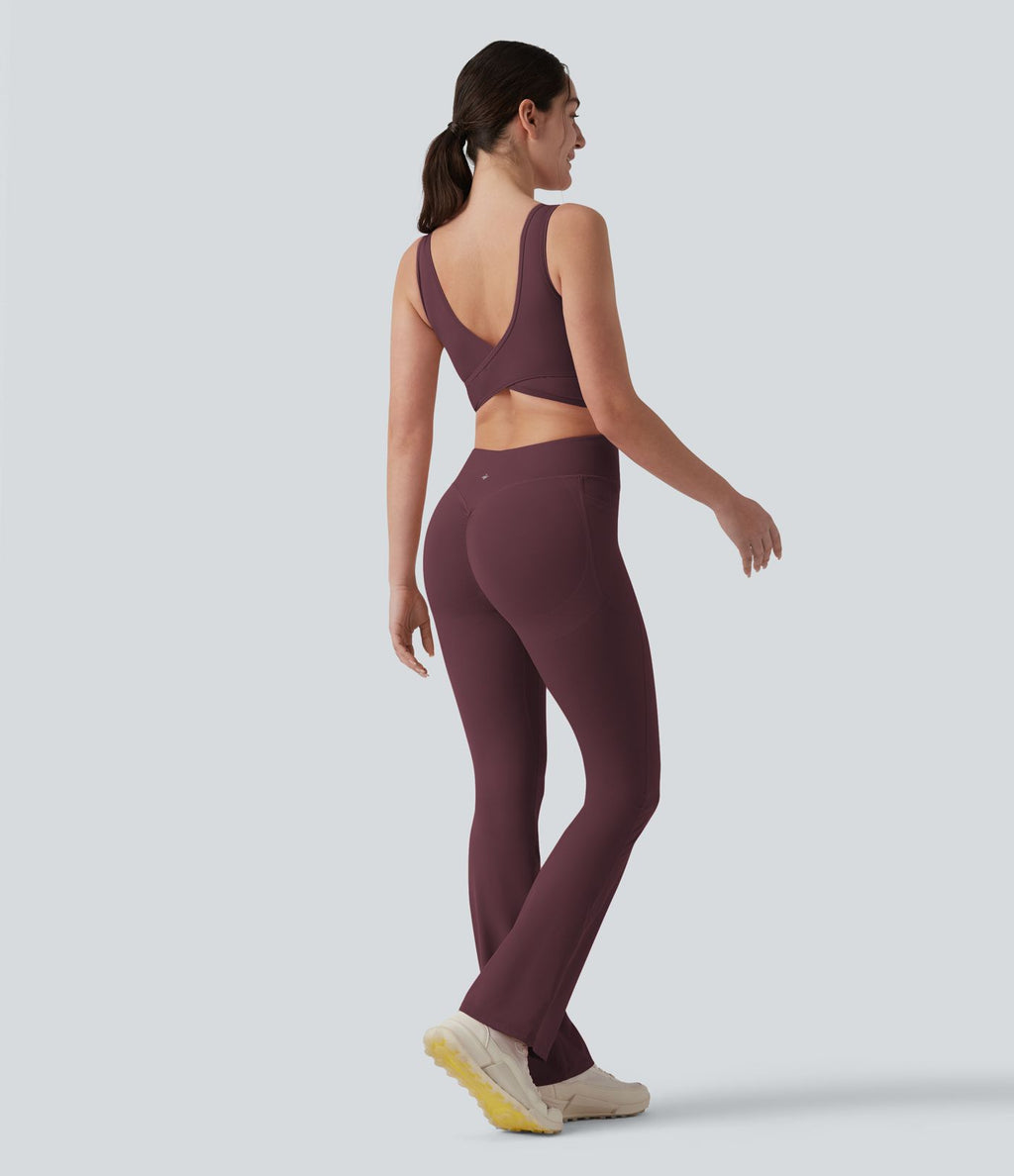 Combinaison d'entraînement Halara UltraSculpt™ évasée dos nu croisé gainante galbante avec fronces et coussinets fixes avec poches - Easy Peasy