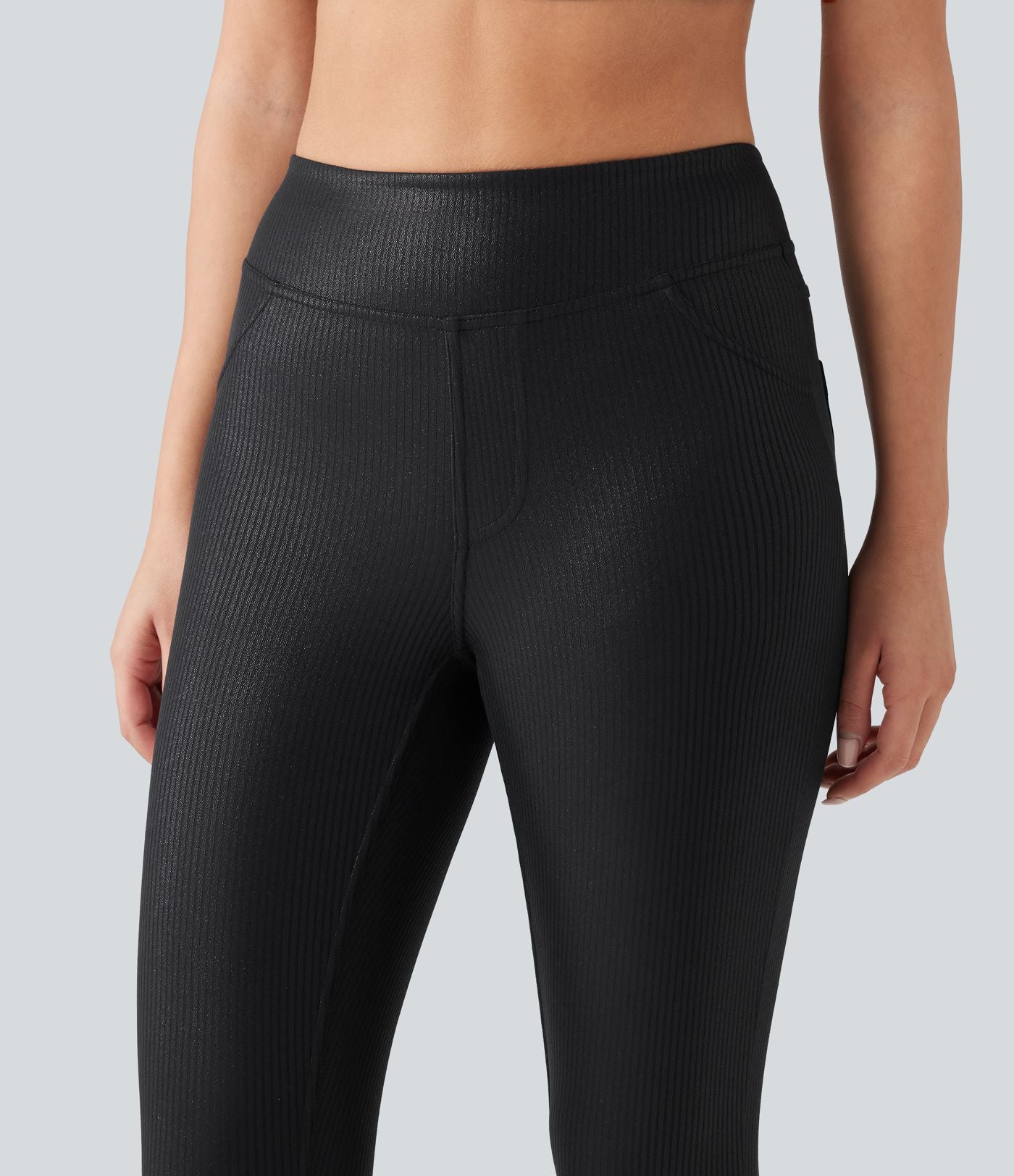 Leggings de yoga taille haute en maille côtelée avec imprimé métallisé et poches