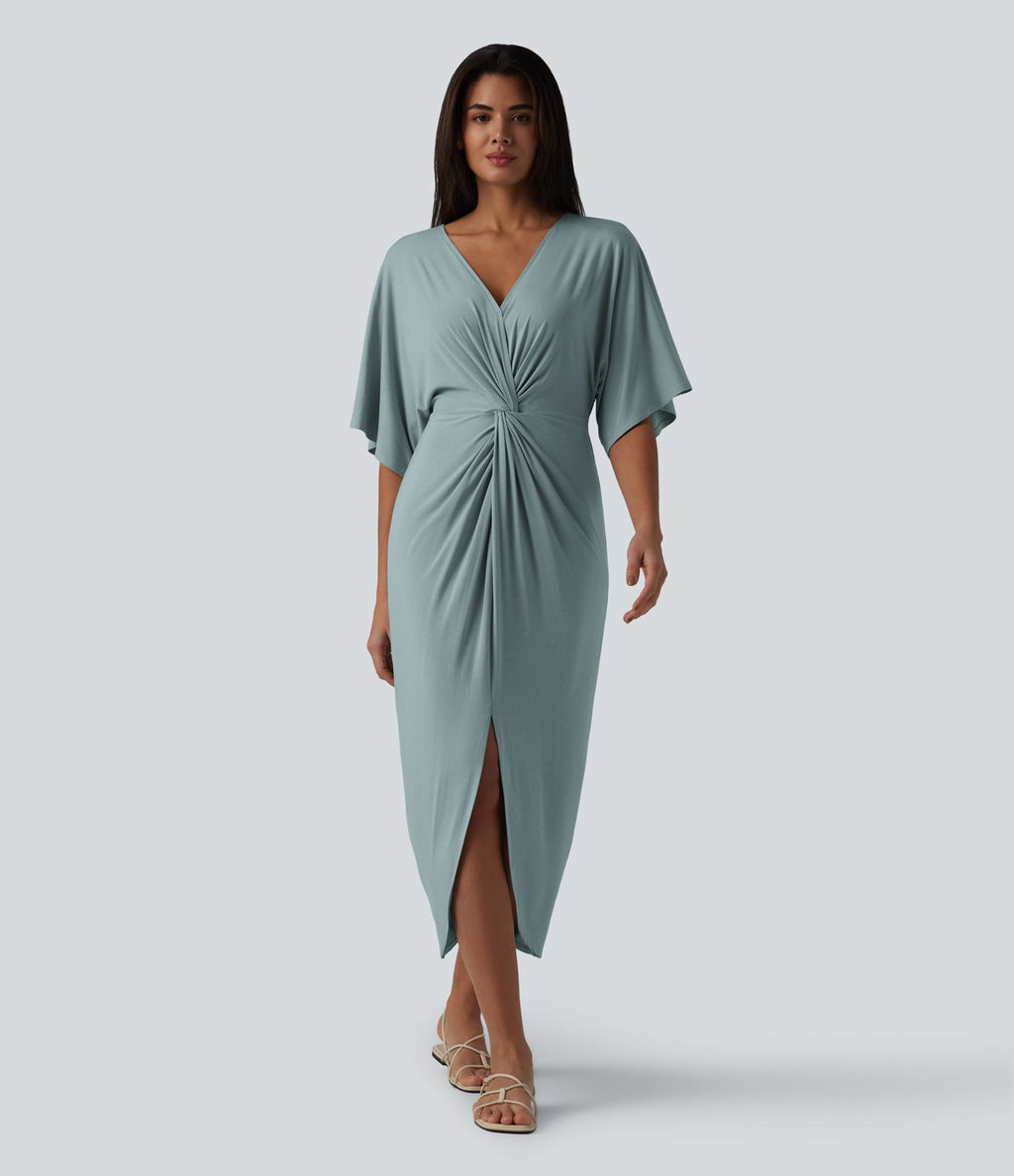 Robe midi col V manches chauve-souris ourlet tulipe torsadé