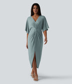 Robe midi col V manches chauve-souris ourlet tulipe torsadé