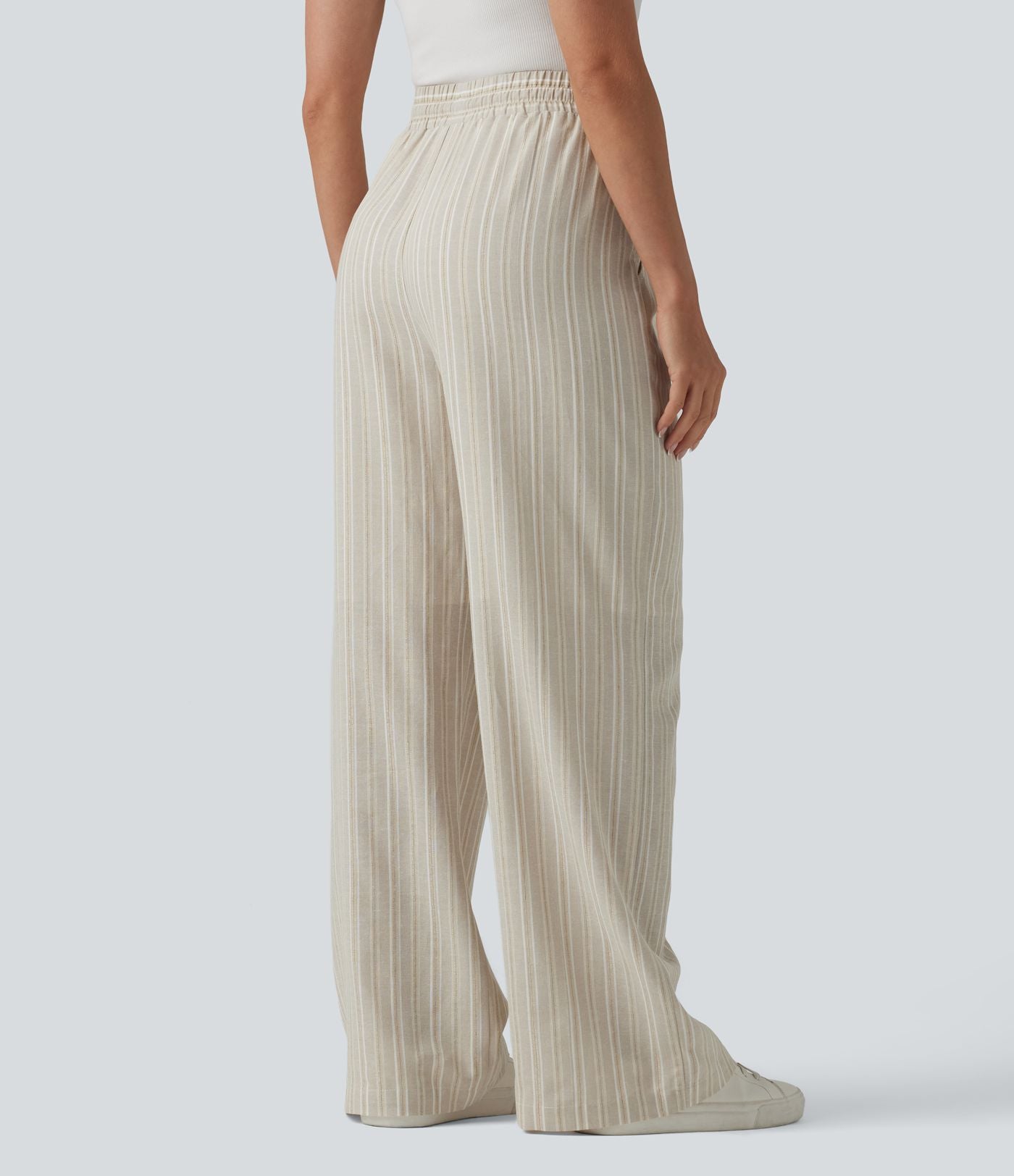 Pantalon tailleur large en lin rayé taille haute avec cordon de serrage et poches