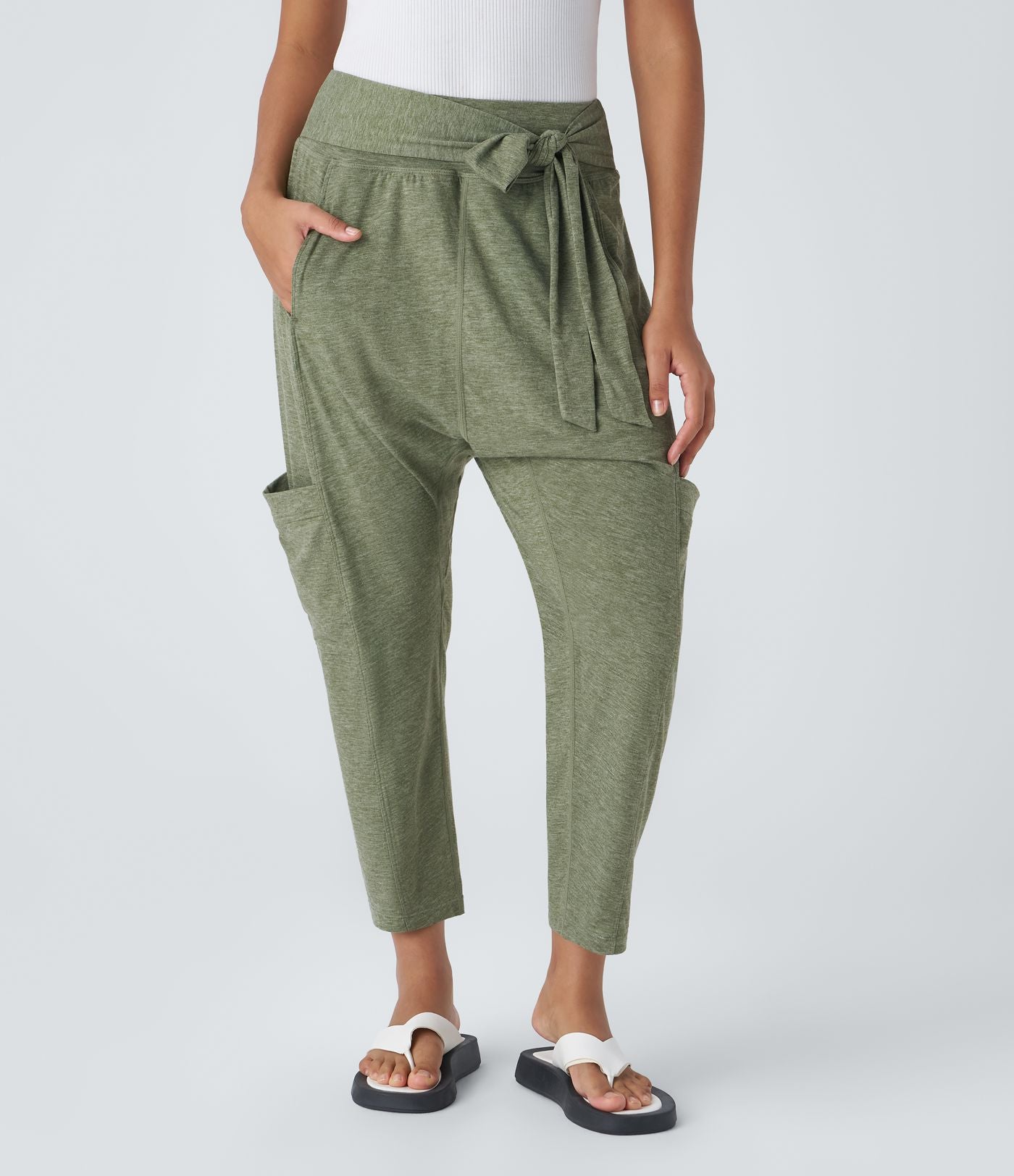 Pantalon Harem Casuak à Taille Mi-Haute avec Liens sur le Côté et Multiples Poches