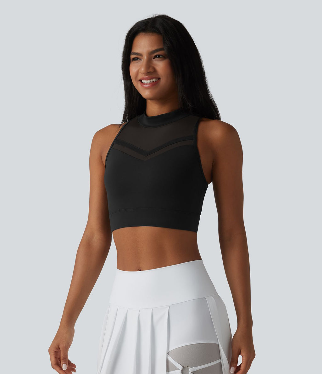 Brassière de sport yoga SoftlyZero™ Airy dos nageur col cheminée mesh contrastant coques non amovibles effet frais InstantCool, protection solaire UPF50+