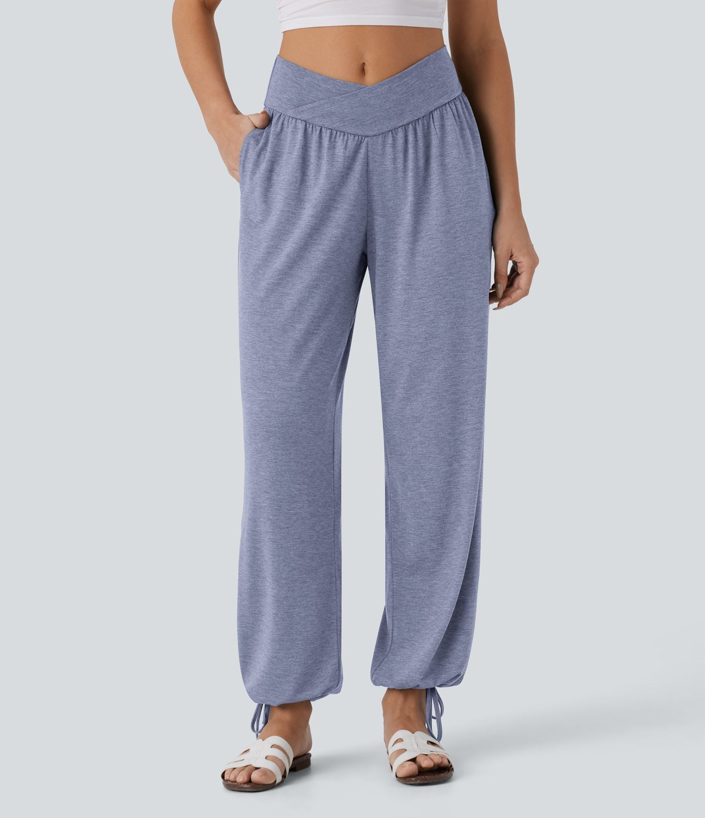Pantalon de jogging décontracté à taille haute croisée avec poches latérales et cordon de serrage
