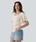 T-shirt décontracté maille côtelée col carré manches papillon froncé