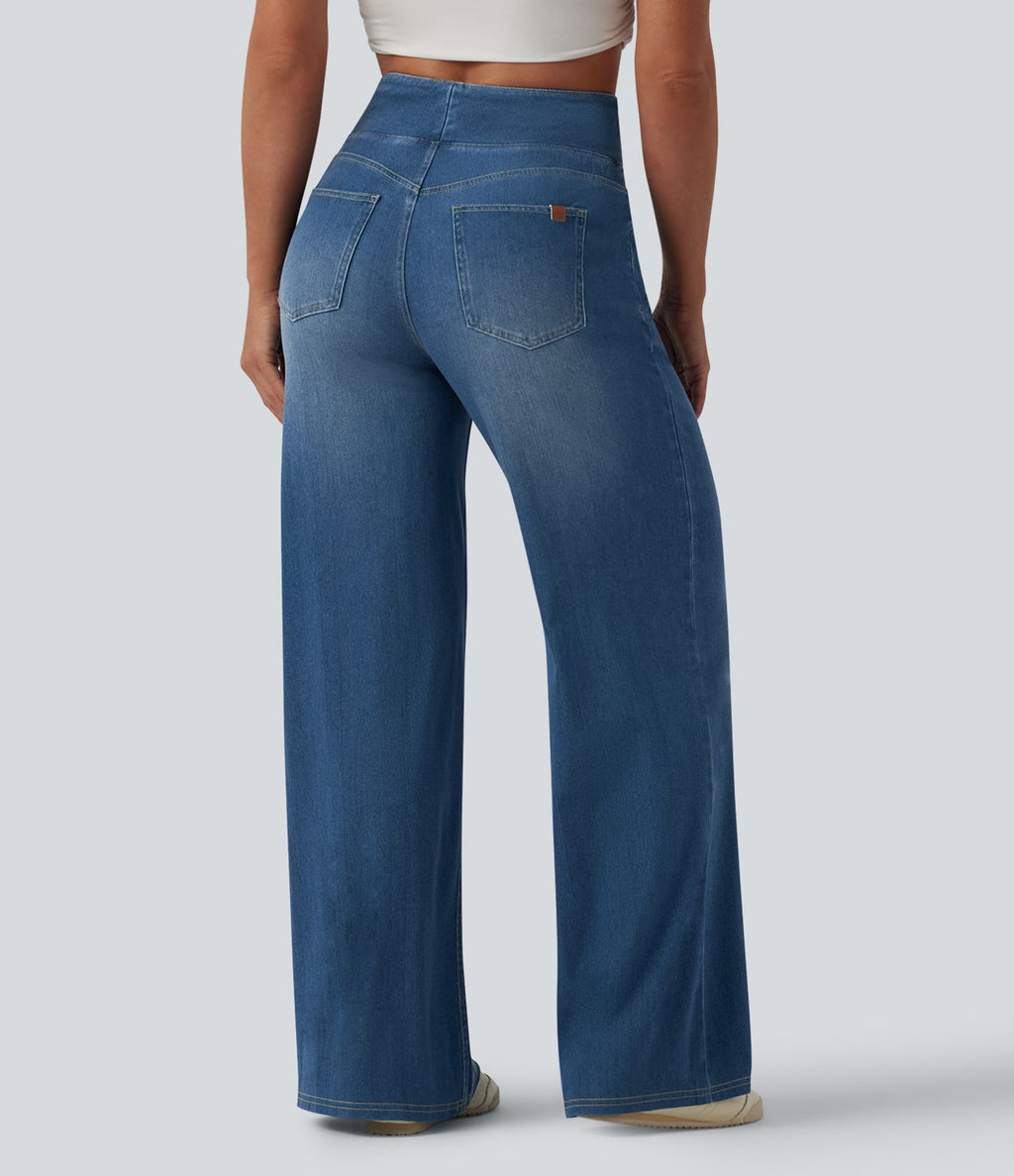 Halara Flex™ Jean large casual taille haute ventre plat, en lyocell drapé effet délavé, avec poches