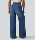 Halara Flex™ Jean large casual taille haute ventre plat, en lyocell drapé effet délavé, avec poches