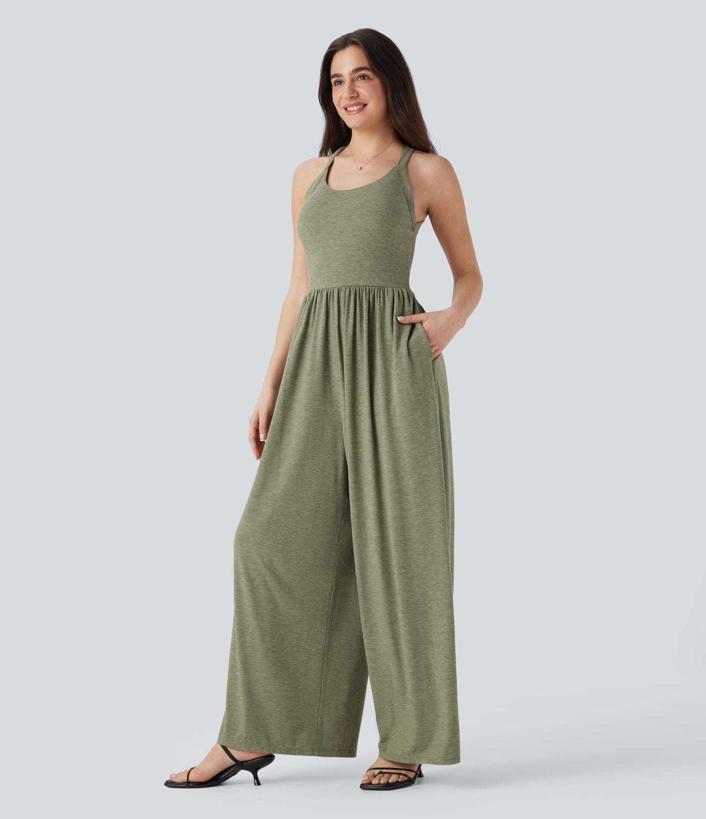 Combinaison décontractée dos nu torsadée large fluide avec brassière intégrée et poches - Easy Peasy Edition