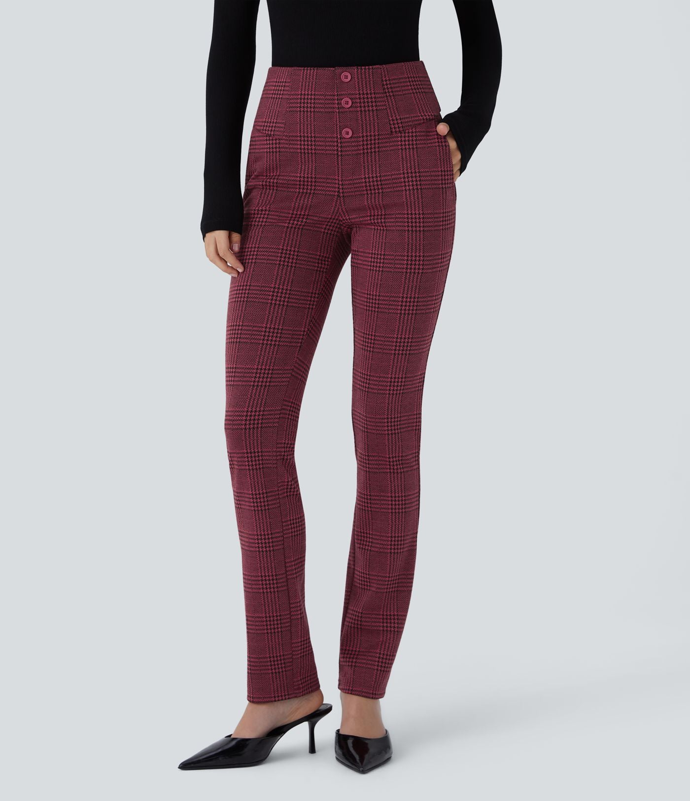 Halara Flex™ Pantalon tailleur Cintrés à Taille Haute avec Boutons Décoratifs Poches Latérales et Imprimé Pied-de-Poule