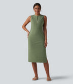 Robe midi décontractée sans manches col tunisien avec poches