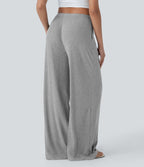 Pantalon fluide ample à taille basse avec cordon de serrage, côtes extensibles, doux pour la peau et poches latérales