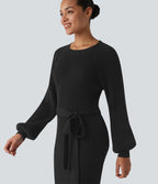 Robe pull midi casual col rond à manches longues, ceinturée