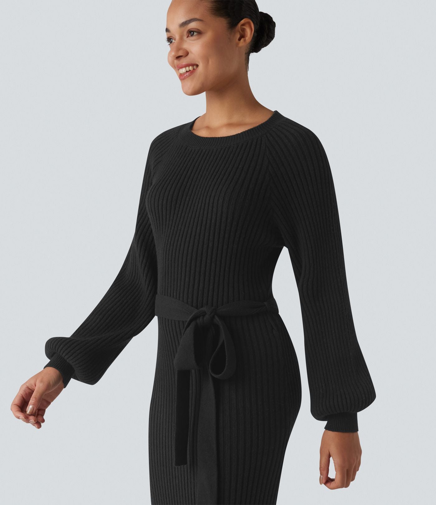 Robe pull midi casual col rond à manches longues, ceinturée