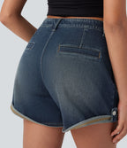 Short décontracté en jean extensible délavé Halara Flex™ taille moyenne avec revers et poches avant