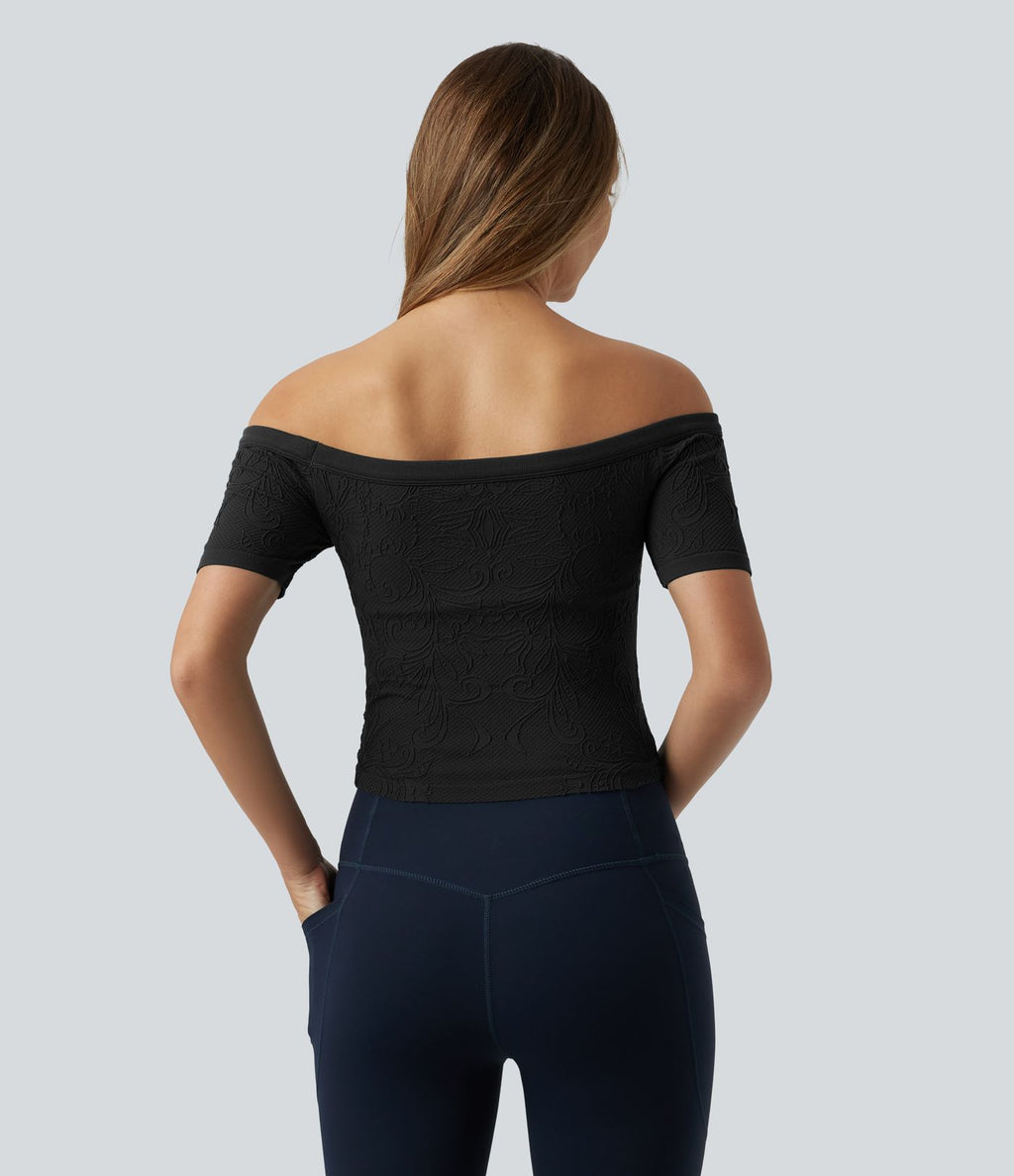 OneForm Seamless Flow Haut de sport de yoga raccourci sans couture épaules dénudées à manches courtes, avec soutien-gorge intégré