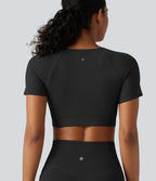 Haut de sport court Halara UltraSculpt™ à col V avec ourlet croisé, manches courtes, coussinets amovibles, bonnets E à G
