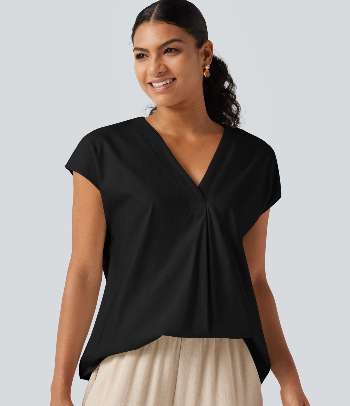 Blouse décontractée col V à mancherons en coton et lin