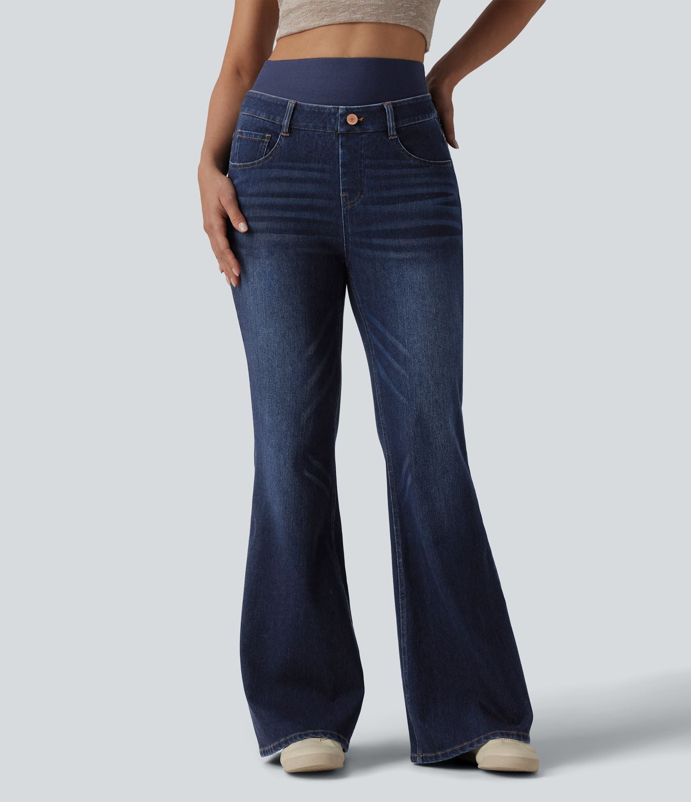 Jean évasé décontracté Halara Flex™ double ceinture gainant taille haute avec poches