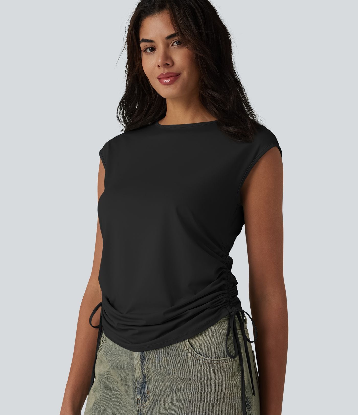 T-shirt casual col rond à manches courtes couvrantes avec cordon de serrage