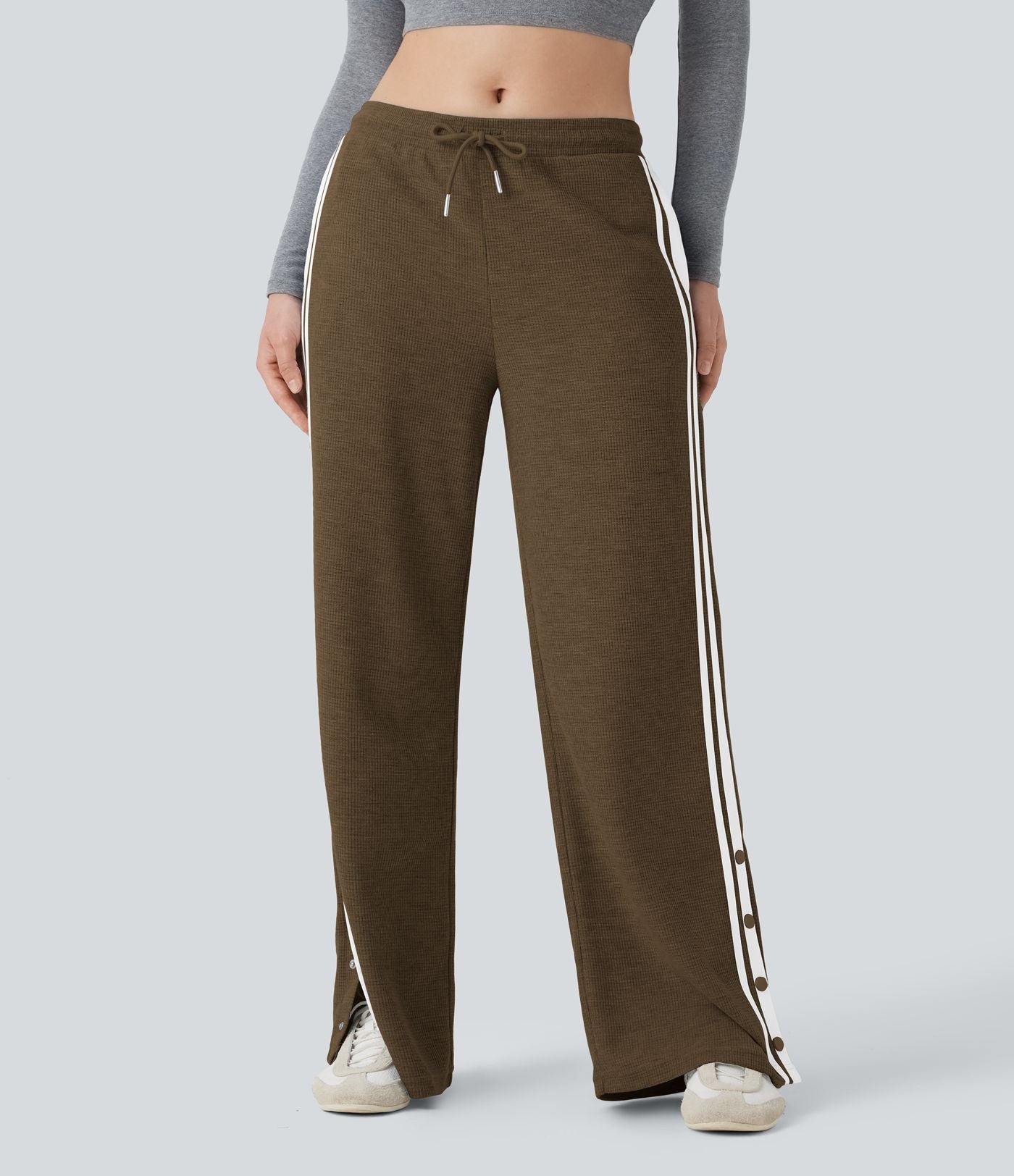 Pantalon jogging décontracté large taille basse à cordon en gaufre à blocs de couleurs avec boutons-pression fendus et poches