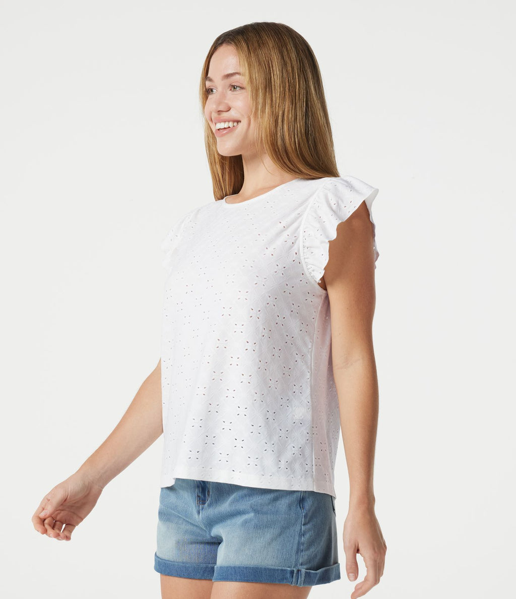 Top casual col rond à manches à volants en broderie anglaise