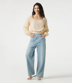 Blouse casual effet lin à col carré, manches bouffantes, lien au dos, empiècement en dentelle et détails froncés