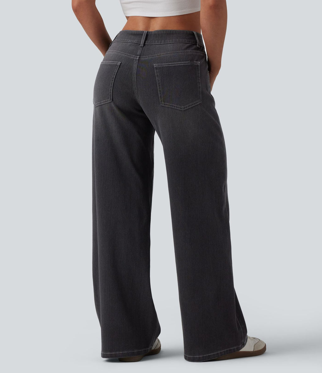 Halara Flex™ Jean Large Casual Taille Basse avec Boutons Zip Multiples Poches Lavés Élastiques et Tricotés