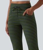 Pantalon évasé décontracté taille haute gainant à rayures en tissu gaufré avec cordon de serrage et poches