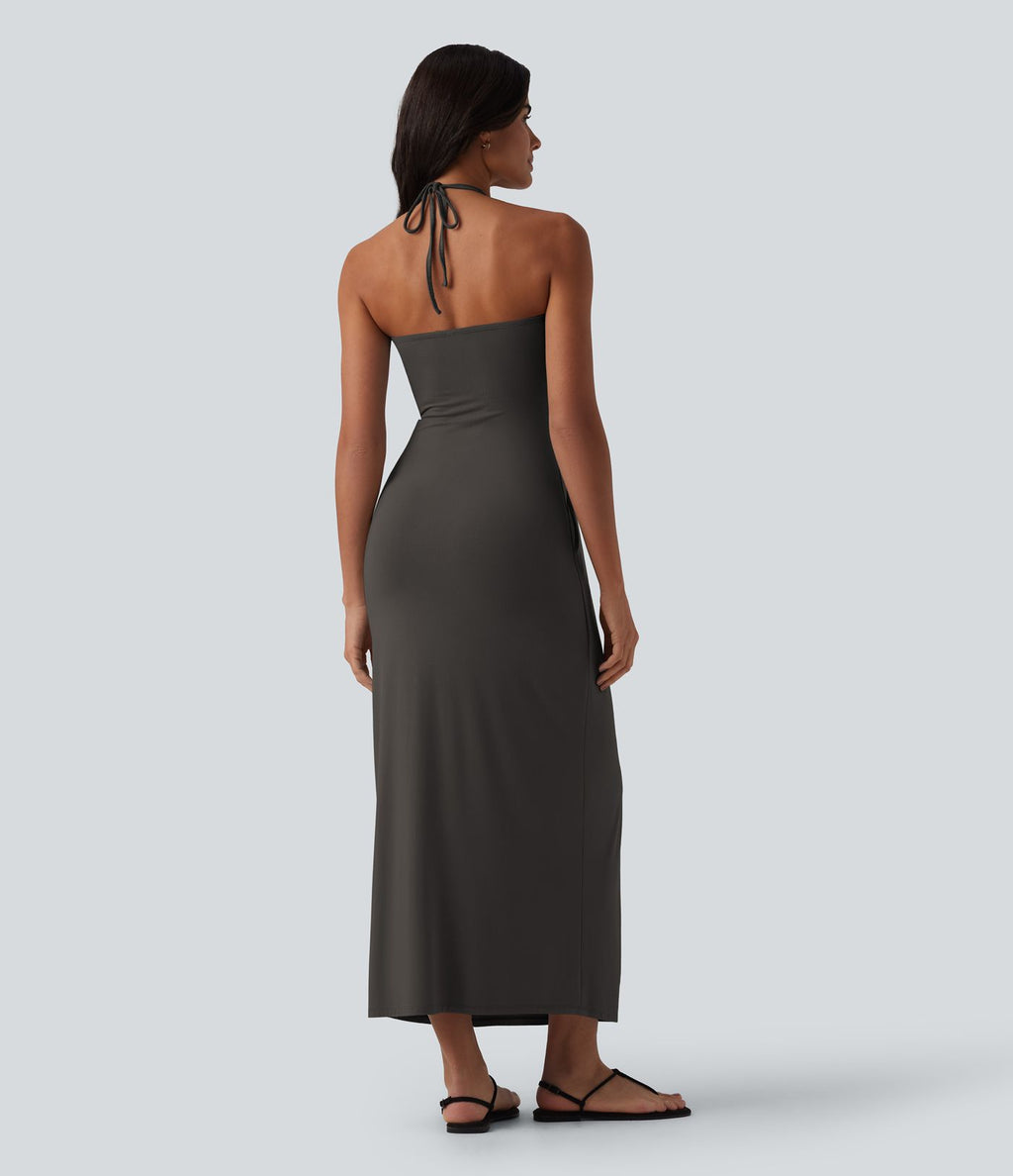 Robe longue dos nu col licou avec nœud et poches
