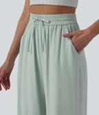 Pantalon casual large fluide mélange lin taille haute avec cordon de serrage et poches