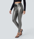 Jogging en simili SoftlyZero™ taille haute, effet sparkle métallisé, extensible avec poches