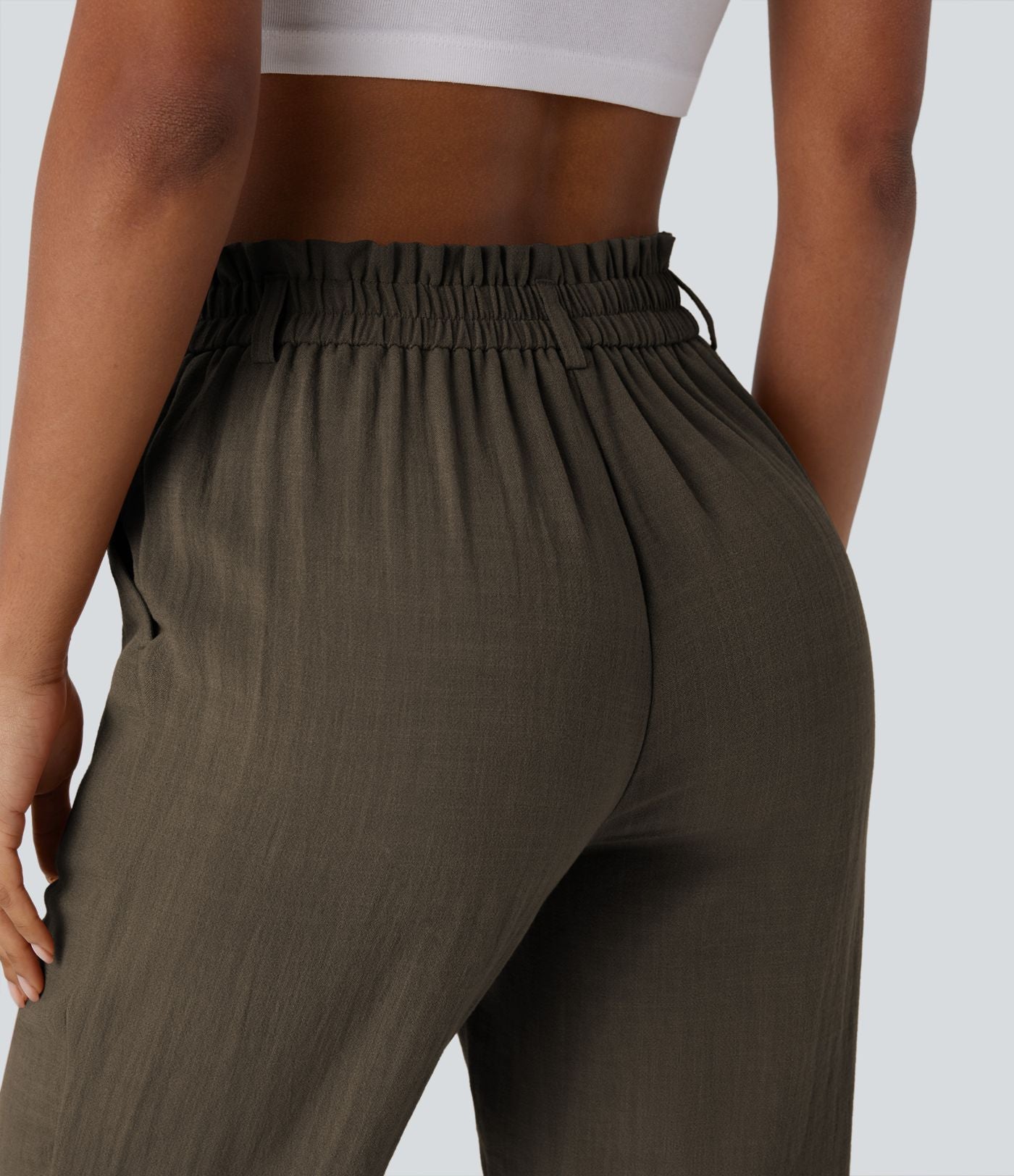 Pantalon capri effet lin taille haute avec poches zippées